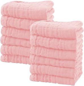 SWEET DOLPHIN 12 Pack Baby Muslin Washcloths - Soft Face Cloths for Newborn, Absorbent Bath Wash Cloths, Wipes, Burp Rag - Toddlers Essentials Stuff, Baby Registry as Shower -10"x10", Pink