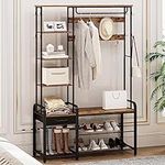 Hzuaneri Hall Tree, Coat Rack with 3-Tier Storage Bench and 1 Drawer, 5-in-1 Entryway Bench with 17 Hooks, 1 Hanging Rod, 4-Tier Side Shelves, Rustic Brown and Black HT03501B