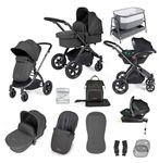 Ickle Bubba Stomp Luxe All-in-One i-Size Travel System with ISOFIX Base - Includes Bubba&Me Bed Side Crib (Black/Charcoal Grey/Black)