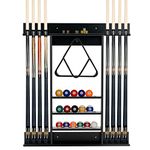 COSTWAY Pool Cue Rack Only, Wall Mounted Billiard Stick Holder with 3 Tiers Ball Slots, 8 Clips, Wooden Billiards Table Accessories Equipment (Black)