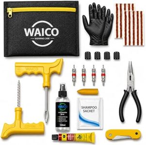 WAICO 13 in 1 Tubeless Tyre Puncture Kit | Reamer, Probe,10-Rubber Strips, Gloves, Plier, Knife, Sloution, Chalk, Spray Bottle, Storage Bag, | Emergency Flat Tire Repair Tools for Car, Bike, & SUVs