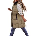 friday deals 2024 Women's Long Hooded Gilets Sleeveless Zipper Padded Quilted Jacket Winter Warm Vest Coats Outdoor Windproof Parka Outwear Waistcoats Jackets Coat saved for later items (Khaki-e,L)