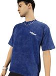 DOUT® Cotton 240GMS Unisex Half Sleeve Acid Wash Oversized Tshirt for Men Royal Blue Drop Shoulder Round Neck Minimal Digital Printed Tshirt