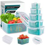 15 PCS Stackable Airtight Fruit & Vegetable Storage Box Food Storage Containers Set for Refrigerator BPA Free Organizer with Draining Baskets and Handles for Picnic Party Travel (Pine Green)