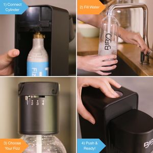 BIBO Sparkling Water Maker Bundle – 60L CO2, 4 BPA-Free Bottles, Black