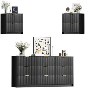 Furniway 3 Piece Bedroom Set, 9 Drawer Dresser and Nightstand Set of 2 with Gold Handles, Modern Wood Chest of Drawers Storage Cabinet for Bedroom, Black