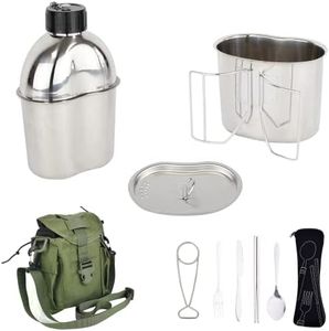 Mastiff Gears® 304 (18/8) Stainless Steel (FDA Compliant) US G.I Style Canteen Kit Cooking Set Camping Canteen Mess Kit with Cup, Lid, MOLLE Pouch for Camping Hiking (Army Green)