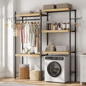 CABIHOME 5-Tier Over-The-Washer Shelf - Adjustable Height Laundry Organizer Space Saver, Double-Layer 100lb Shelves, 2 Hooks for Bathroom/Balcony (Natural& Black)