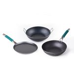 The Indus Valley Pre-Seasoned Iron Cookware Set Tawa(10inch) | Fry Pan (10inch) | Kadai (10inch) | Kitchen Cooking Combo Pots and Pans Set of 3Pcs | Naturally Nonstick