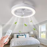 POWROL Ceiling Fan with Lights Low Profile Flush Mount Ceiling Fans with Remote Control 6 Wind Speeds Dimmable 3 Colors Iron 19Inch Invisible 8 Bladeless Enclosed White Fan Light for Bedroom Kitchen