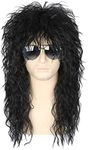 Topcosplay Men's 80s Wig Black Mullet Wigs Halloween Costume Male Wig Punk Heavy Metal Rocker Wig Curly Long