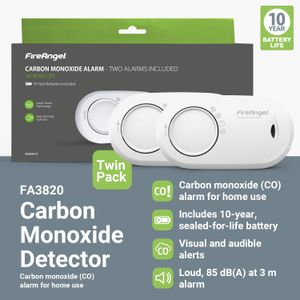 FireAngel Carbon Monoxide Detector 2-Pack – 10-Year Sealed Battery, Portable CO Alarm, White
