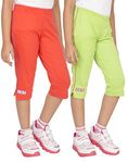OCEAN RACE Girls Stylish attarctive Colors Cotton Capris(3/4 Th Pant)-Pack of 2 (10-11 Years, Coral/Lime Green)