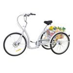 ROMYIX 26" 6 Speed 3 Wheel Bike Adult Tricycle With Shopping Basket, Cruiser Bike Adult Bicycle Cycling Pedal Bike for Outdoor Sports Shopping (White)