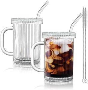 Joeyan 390ml Vasos de cristal transparente con ondulaciones, con pajilla y tapa de cristal y asa,set de 2,Ideales para agua, café frío, bebidas, té. Vasos de agua para el hogar, la cocina y la oficina