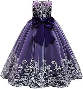 Flower Girl Lace Dress for Kids Wedding Bridesmaid Pageant Party Formal Long Maxi Gown Big Little Princess First Communion Birthday Dance Prom Sequins Bowknot Puffy Tulle Dresses Purple 7-8 Years