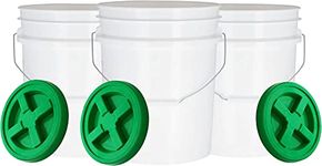 House Naturals 5 Gallon Made in USA Pail Food Grade Plastic Bucket with Screw on Air Tight Double Gasket Lid, (Pack of 3) (White Buckets -Green Lids)