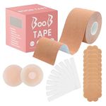 ARQIZ Boob Tape 5M Extra-Long Roll Booby Tape with 2pc Reusable Invisible Nipple Covers and 10pc Double Sided Transparent Body Tape for Dresses, Bra Tape for Push-up Shape Large Breast Support Lift