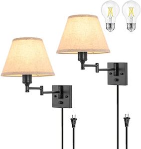 TRLIFE Wall Sconce Plug in, Dimmable Wall Sconces Set of Two Swing Arm Wall Lights with Plug in Cord and On/Off Dimmer Rotary Switch, 9.4" Medium Beige Fabric Shade(2 Pack, 2 Bulbs)