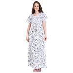 SDGP Women's Cotton Floral Maxi Nighty & Night Gowns with Blue Flower (White Color, Free Size)