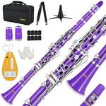 Bb Clarinet For Beginners Students B Flat Clarinet 17 Keys Clarinet with Case Stand Strap 2 Barrels 8 Mouthpiece Cushion White Gloves Cleaning Kit(Purple)