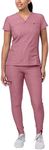 Adar Uniforms, Pro Heather Movement Booster Scrub Set For Women - Sweetheart V-Neck Scrub Top & Yoga Jogger Scrub Pants - P9400H - Heather Wine - S