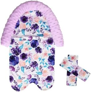 HPIENOYA Baby Head Support and Strap Covers for Car Seat,Minky Infant Carseat Headrest for Newborn, Infant Car Seat Insert Cushion for Strollers,Swing (Purple)