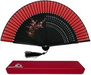 FANSOF.FANS Floral Red and Black Chinese Japanese Silk Fabric Handheld Folding Hand Fan with Pouch and Gift Box Grade A Bamboo Ribs for Women Girls Dance Event Birthday Wedding Favour Gift (Style 05)