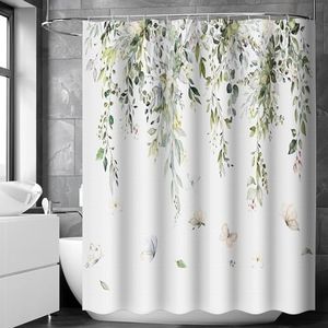 aceyoon Rideau Douche 180x200 Plante Verte Sauge Eucalyptus Papillon Rideau Baignoire Ourlet Lesté Beau Imprimé en Tissu Polyester Imperméable Rideau de Douche Anti Moisissure Lavable avec 12 Crochets