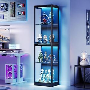 AMERLIFE RGB Display Cabinet with Adjustable Glass Shelves, 4-Tier Storage Case with LED Lights, Modern Display Shelf for Collectibles, Black 17.7×13.7×70in