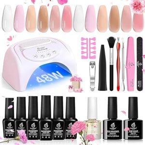 Beetles Gel Nail Polishes Starter Kit, 6 Colors Nail Salon Set with 48W UV Nail Lamp, Transparent Jelly Milky White Pink Nude Gel Nail Polish with Base Top Coat Nail Nail Art Manucure Gift