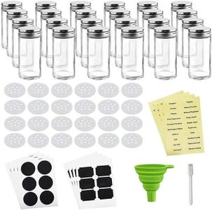 Nellam French Round Glass Spice Jars – Set of 24 with Shaker Lids and Chalkboard Sticker Labels, Small 4oz Bottles - Stackable Herbs and Spices Containers - Decorative Organizers in Silver