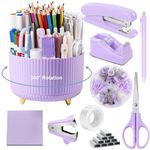 Office Supplies Set, Desk Organizers and Accessories 10PCS with 360 Degree Rotating Pen Holder, Stapler, Tape Dispenser, Scissors,Binder/Paper Clips and 1000pcs Staples,Purple Desk Supplies Set