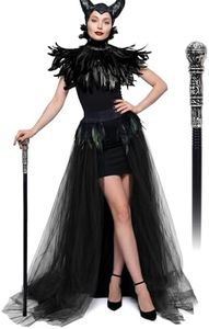 UQJE 4Pcs Black Gothic Witch Costume for Women Halloween Feather Shawl Tulle Skirt Horn Headpiece Staff