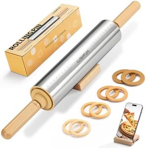 LUSHYUM Adjustable Rolling Pin with Thickness Rings 304 Stainless Steel Dough Roller with Dual-Purpose Stand Detachable Handles for Pizza Cookies Fondant Non Stick Metal Kitchen Tool Gift for Bakers