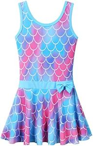 Girls Swimsuit One Piece UPF 50+ Floral Skirted Bathing Suit Modest Beach Swim Dress 3-11 Years, Scale Blue Bowknot, 5-6 Years