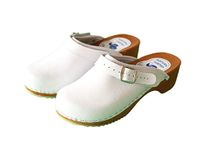 Womens Leather Clogs - Swedish Handmade White Black Brown Wooden Sole Sandals - Ladies Shoes with Strap Buckle - Many Sizes UK (5 UK, White)