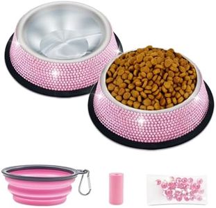 Triumilynn Rhinestone Cat Bowls Rhinestone Dog Bowls, Pink Cat Food Bowl Pink Bling Dog Bowl Stainless Steel for Small Pets Food Water Dishes-2 Pack