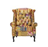 House of Velvet Gold Patchwork Fabric Wingback Chair - Chesterfield High Backed & High Seat Queen Anne Fireside Winged Chair, Accent Armchair for Living Room, Conservatory, Bedroom, Reading