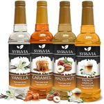 Syruvia Coffee Syrup Variety Pack: Vanilla, Caramel, Hazelnut, and French Vanilla - Gluten-Free, Kosher, 25.4 fl oz bottles - Enhance Your Coffee Experience with Premium Flavoring Syrups!