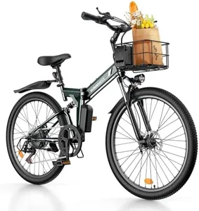 isinwheel M40 Folding Electric Bike for Adults 500W Ebike with Basket, Dual USB Charging Ports, Full Suspension, 7 Speed Gearshift, 20mph Foldable Electric Bicycles, 26" Electric Mountain Bike