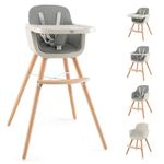 BABY JOY Convertible Baby High Chair, 3 in 1 Wooden Highchair/Booster/Chair with Removable Tray, Adjustable Legs, 5-Point Harness, PU Cushion and Footrest for Baby, Infants, Toddlers (Gray)