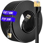 Ethernet Cable 50m Cat 7 Outdoor & Indoor, SSTP Internet Cable 50m High Speed 10Gbps 600MHz -(50 Free Clips) Waterproof Anti-Interference Lan Cable Flat, Faster than Cat 6/Cat 5, For Router/Modem