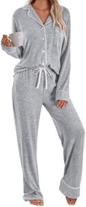 LILLUSORY Women's Long Sleeve Pajama Set - Soft Button-Down Top & Comfortable Drawstring Pants with Pockets Light Grey XL