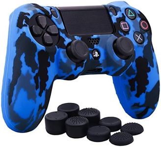 YoRHa Water Transfer Printing Camouflage Silicone Cover Skin Case for Sony PS4/slim/Pro Dualshock 4 Controller x 1(Blue) with Pro Thumb Grips x 8