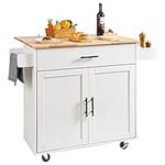 VEVOR Kitchen Island Cart with Solid Wood Top, 35.4" Width Mobile Carts with Storage Cabinet, Rolling Kitchen Table with Spice Rack, Towel Rack, Drop Leaf and Drawer, Portable Islands on Wheels, White