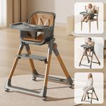 R for Rabbit Walnut High Chair for Baby 3-in-1 Convertible Design Dual-Layer Meal Tray Smooth Wheels with Brakes Foldable and Compact Travel Friendly 6 Months to 3 Years Kids (Dark Grey)