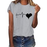 Lazzboy Women T-Shirt/Vest Tops Love Shape Heart Electrocardiogram Print Loose Short Sleeve O-Neck Ladies Blouse(L(12),Grey-Black Heart Ⅱ)