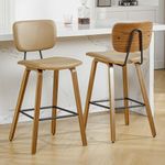 Bekrvio Counter Height Bar Stools Set of 2, PU Leather Upholstered Barstools with Backs, Bent Wood Legs, 26 Inch Seat Height, Mid Century Modern Counter Stools for Kitchen Island, Brown