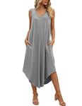 SUNDELL Women's Summer Dress Sleeveless Maxi Dresses Casual V Neck Loose Midi Dresses with Pockets (Grey-S)